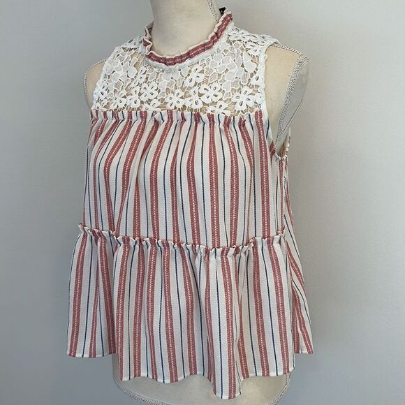 Striped Lace High Neck Sleeveless Blouse - Picture 2 of 6